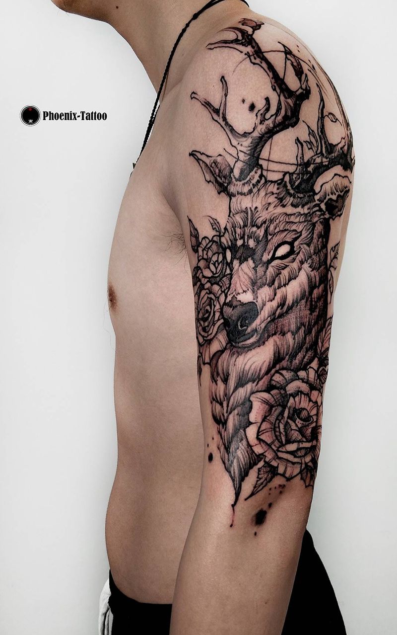 手绘鹿玫瑰纹身图片_成品手稿插画手臂手部动物原创几何手绘素描纹身图案