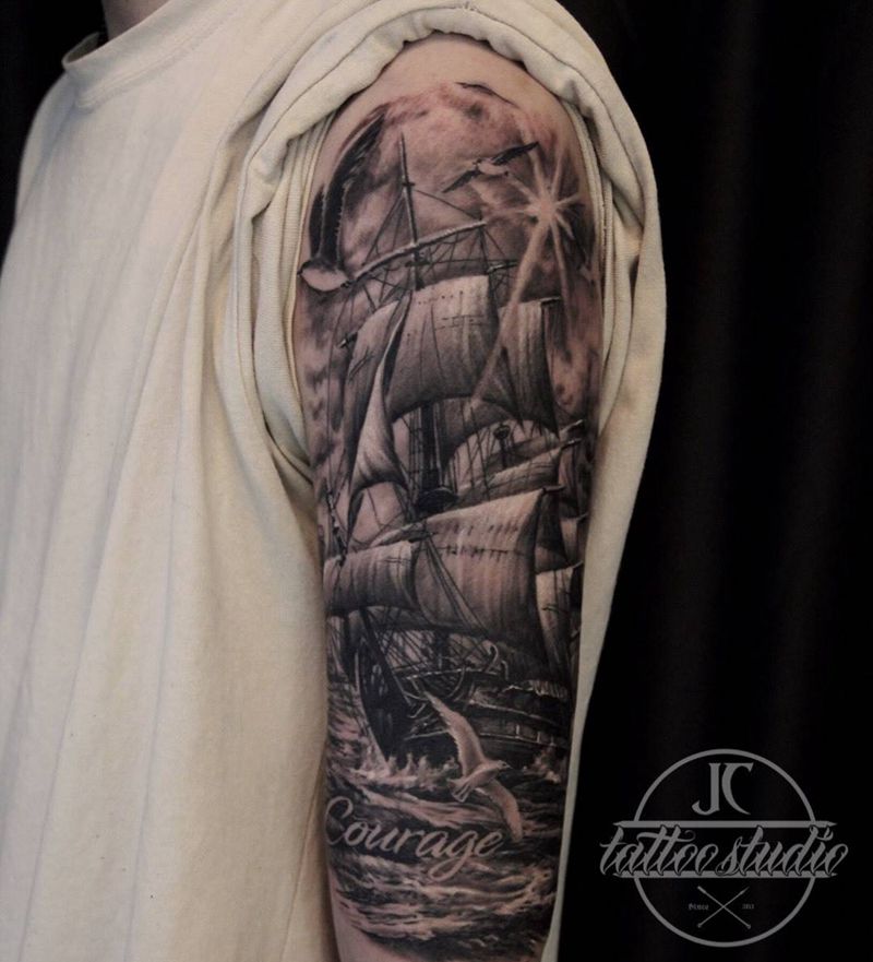 航海纹身图片_手臂欧美写实帆船纹身图案