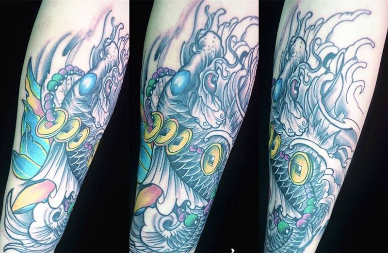 鲤鱼作品纹身图片_成品手臂传统动物广州花都纹身图案