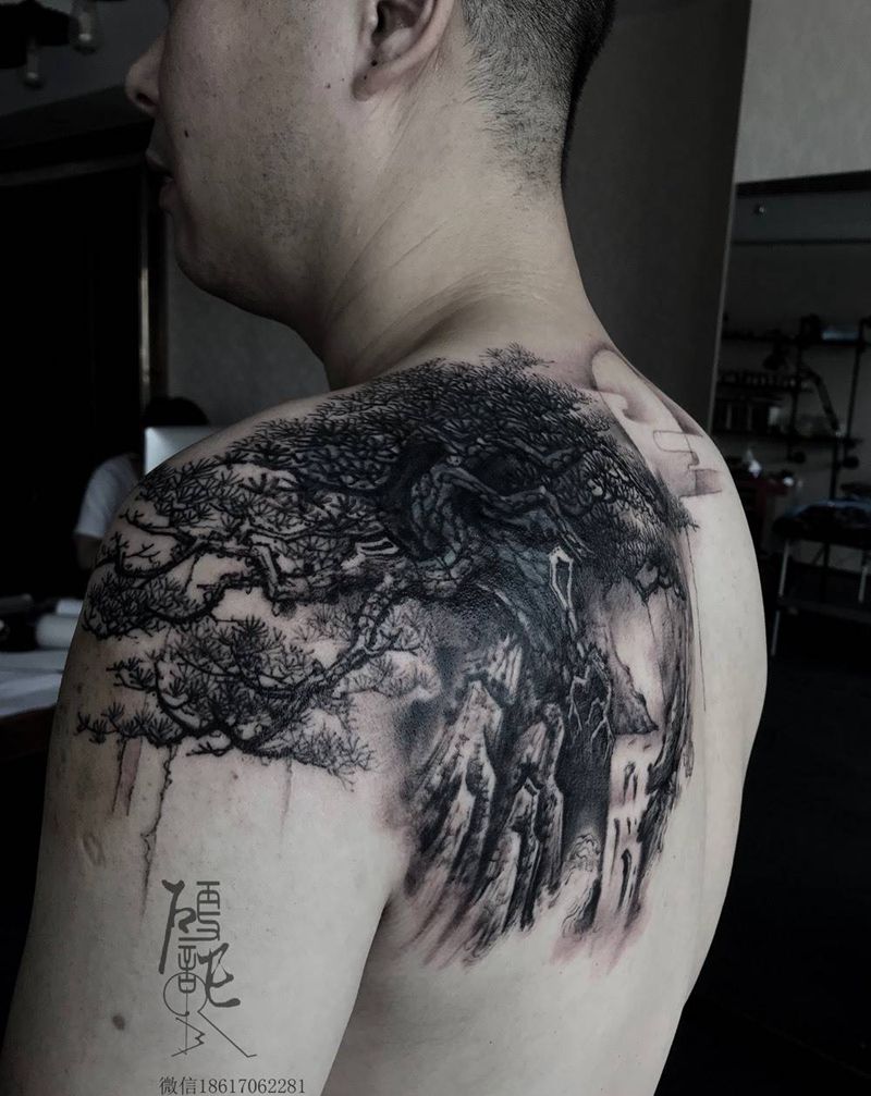 中国风遮盖旧图纹身图片_背部手稿国画原创腹部腰部手臂臀部手部脚部纹身图案