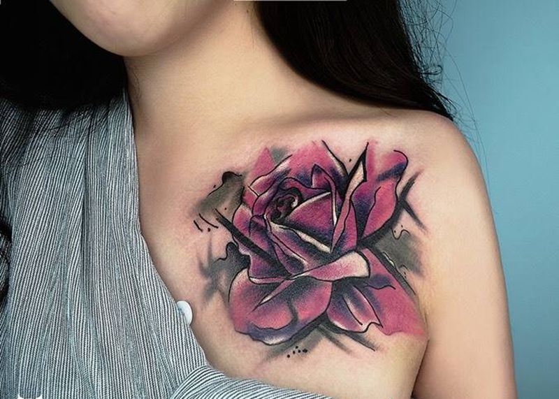 水彩玫瑰花作品纹身图片_成品胸部欧美植物纹身图案