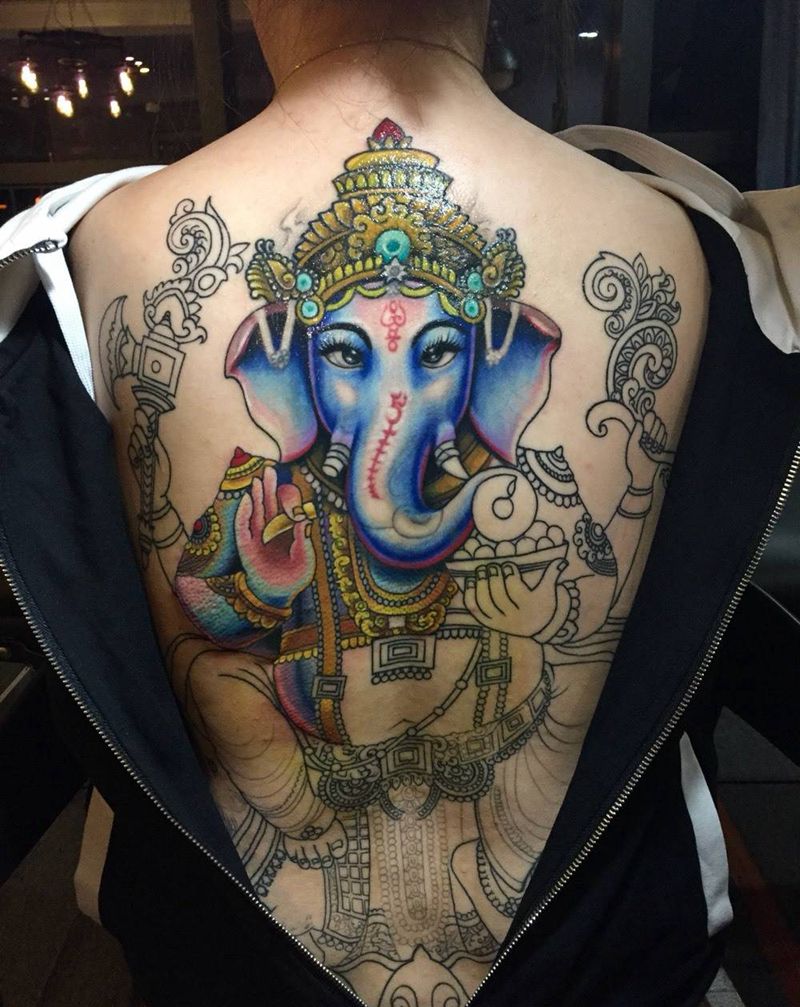 修改满背象神过程，纹身图片_手稿背部人物欧美传统写实手臂胸部腰部臀部纹身图案