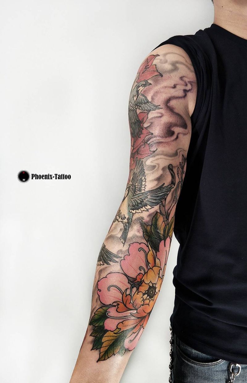 和风花臂纹身图片_手臂和风日式猫纹身图案