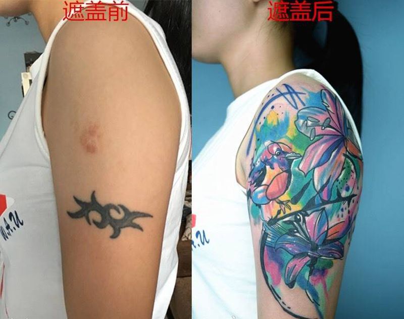 遮盖纹身纹身图片_成品手臂欧美人物植物水彩纹身图案