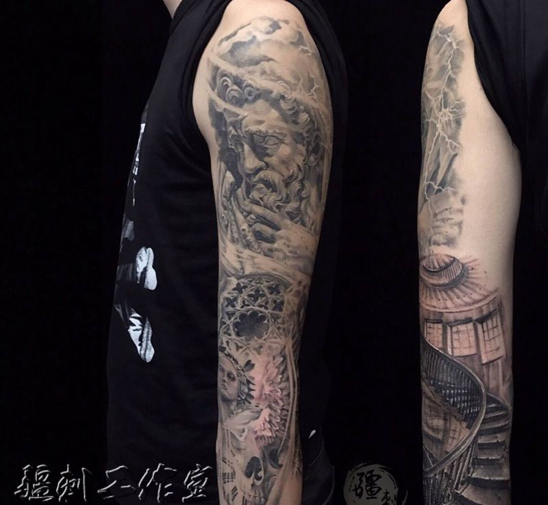 波塞頓纹身图片_成品手臂手部臀部欧美肖像写实人物鬼神雕塑纹身图案