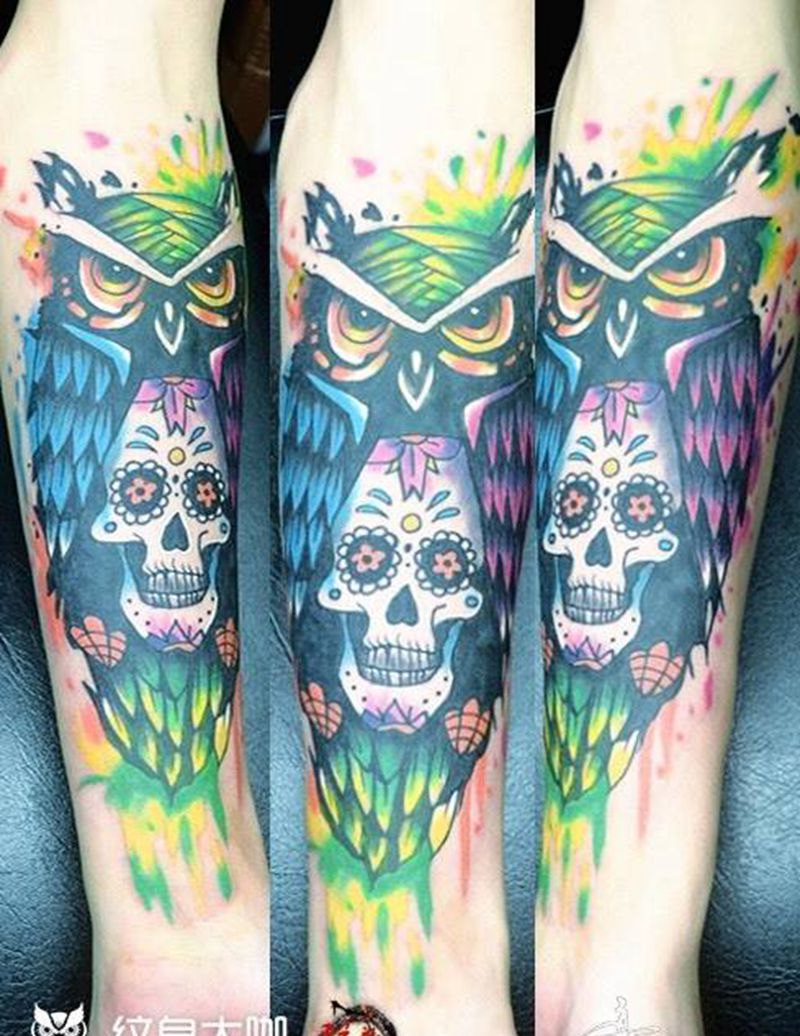 #水彩猫头鹰#作品#黥刺青工作室纹身图片_成品手部欧美动物水彩纹身图案