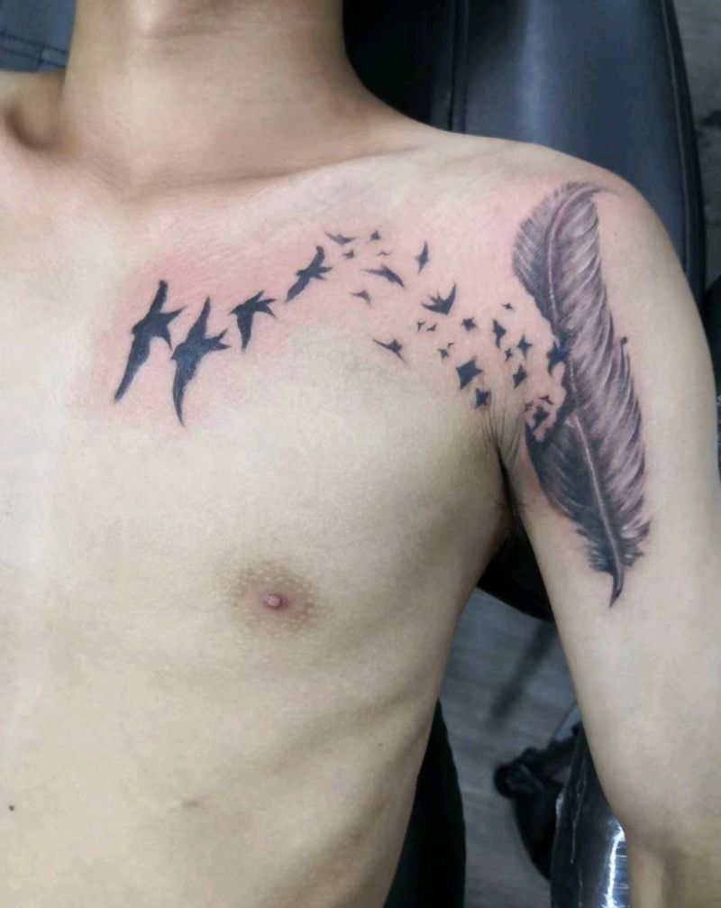 羽毛纹身图片_肩部手臂纹身图案