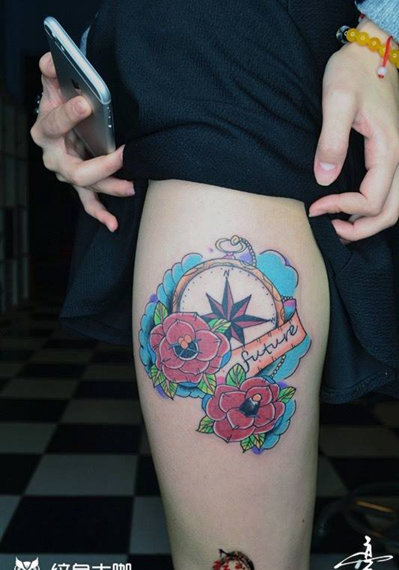 #玫瑰时间指南针#纹身图片