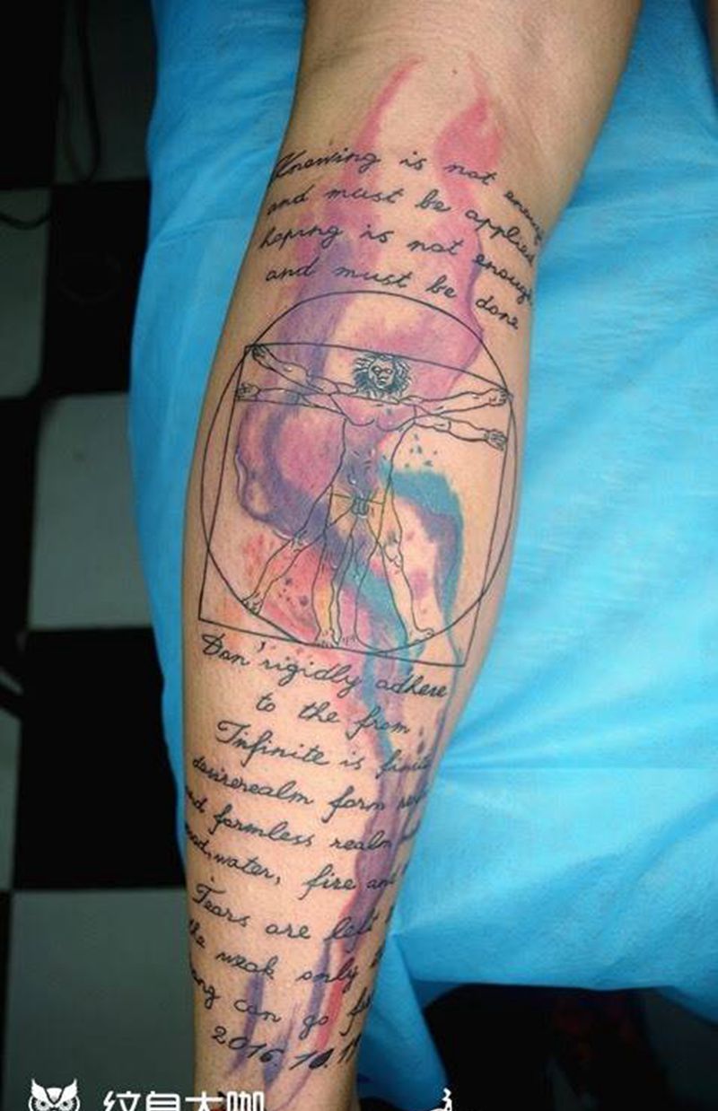 达芬奇之手纹身图片_成品腿部广州花都水彩纹身图案