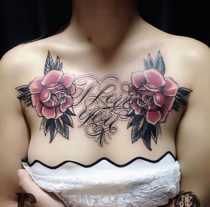 花胸纹身图片_成品胸部欧美清新植物字符纹身图案