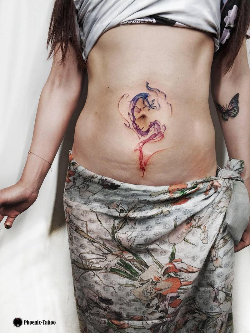 小玩意儿纹身图片_成品腹部国画清新原创书法水墨水彩纹身图案