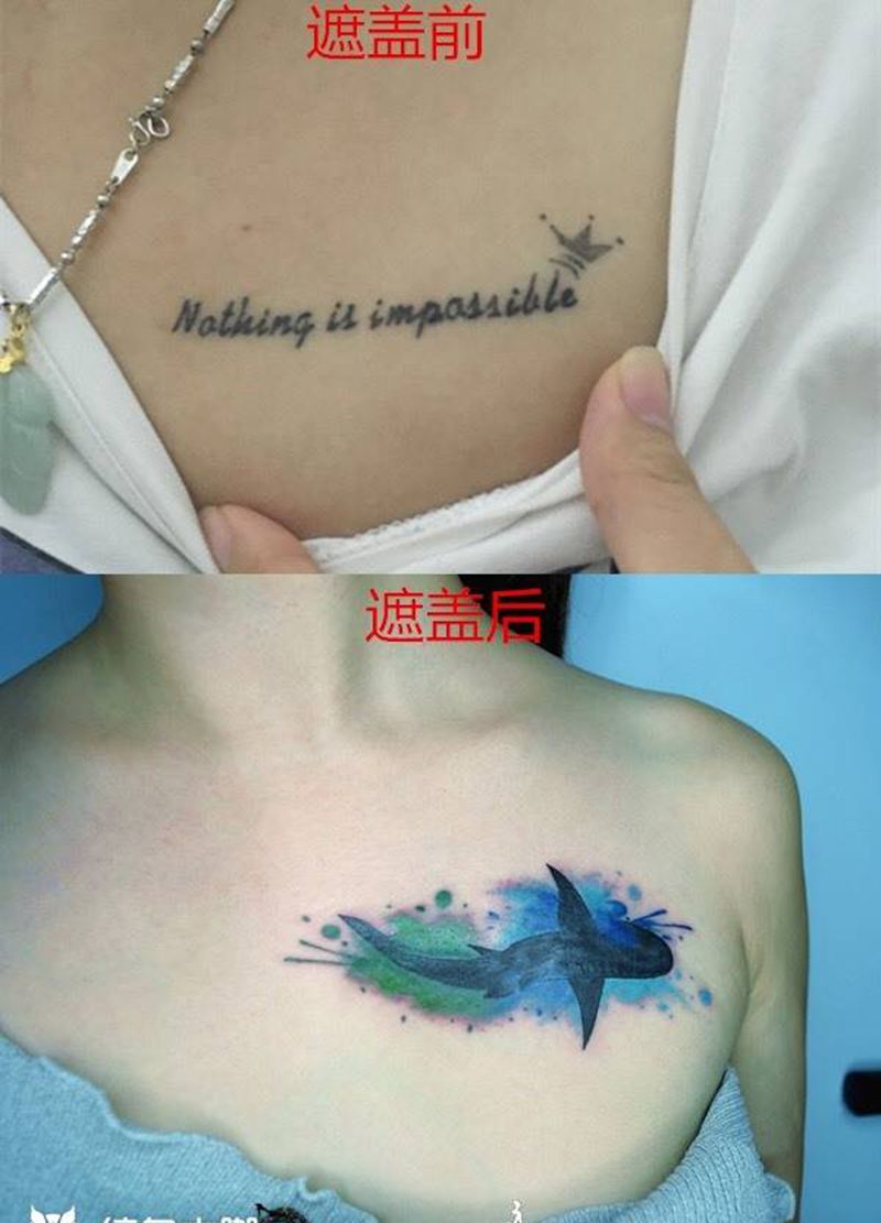 遮盖作品纹身图片_成品胸部手部欧美水彩动物植物纹身图案