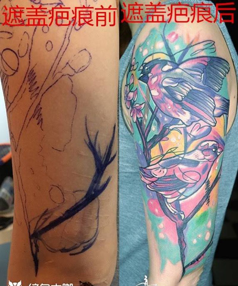 遮盖疤痕作品纹身图片_成品手臂欧美花都遮盖广州纹身图案