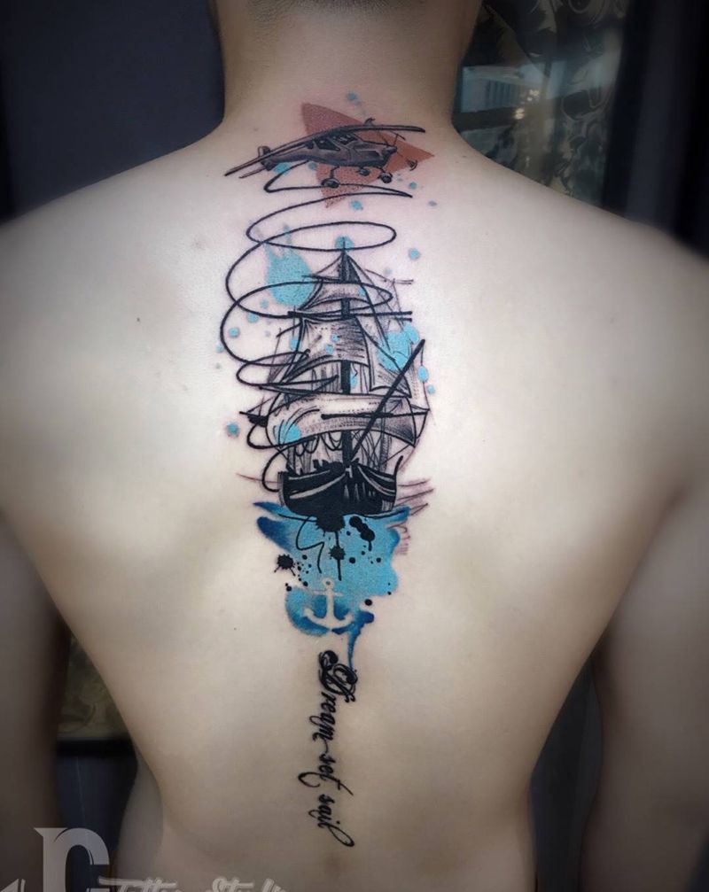 帆船纹身图片_成品背部腰部欧美清新字符纹身图案