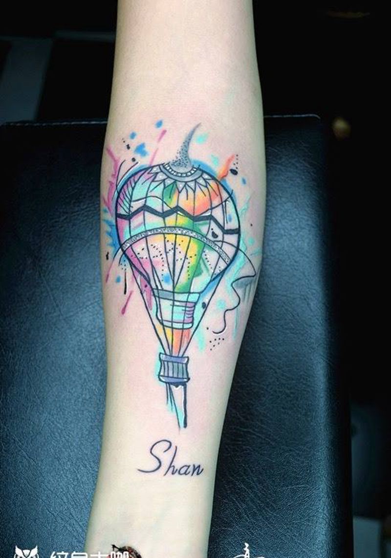 热气球纹身图片_成品手臂欧美水彩纹身图案