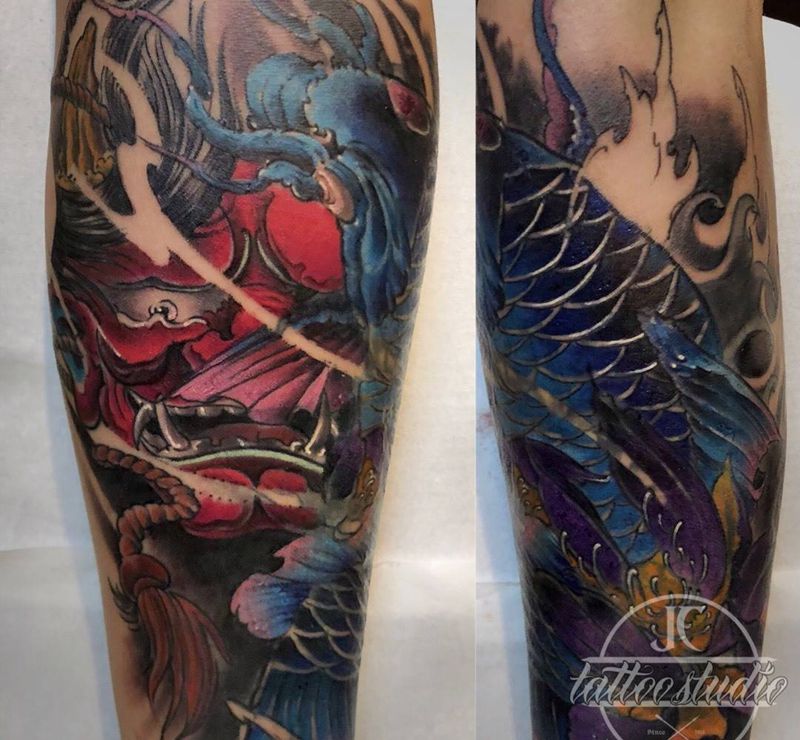 般若鯉魚包小臂纹身图片_成品手部手臂臀部传统鬼神宗教鲤鱼般若覆盖纹身图案