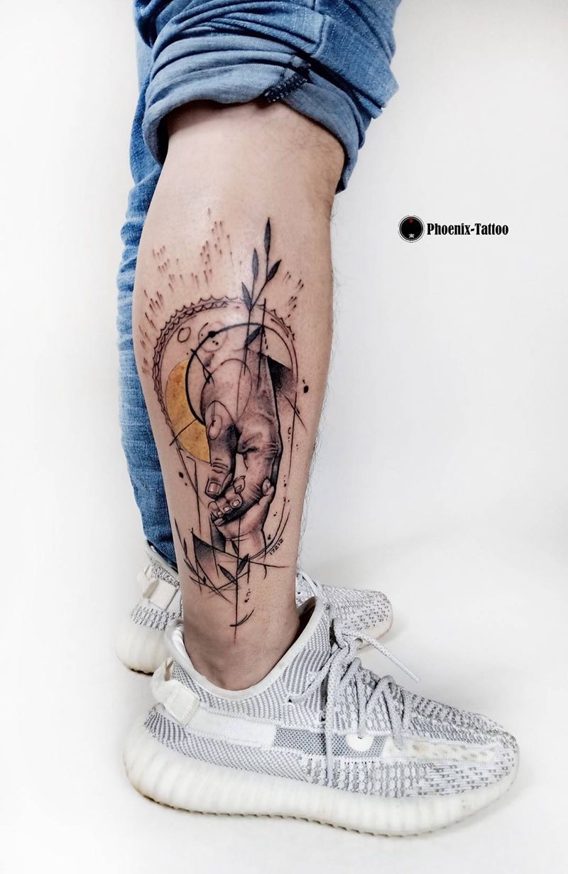 父爱纹身图片_手绘点刺素描几何写实原创脚部成品纹身图案