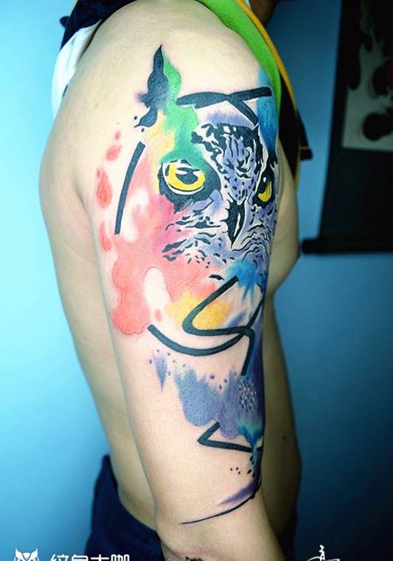 水彩猫头鹰纹身图片_成品手臂欧美动物水彩纹身图案