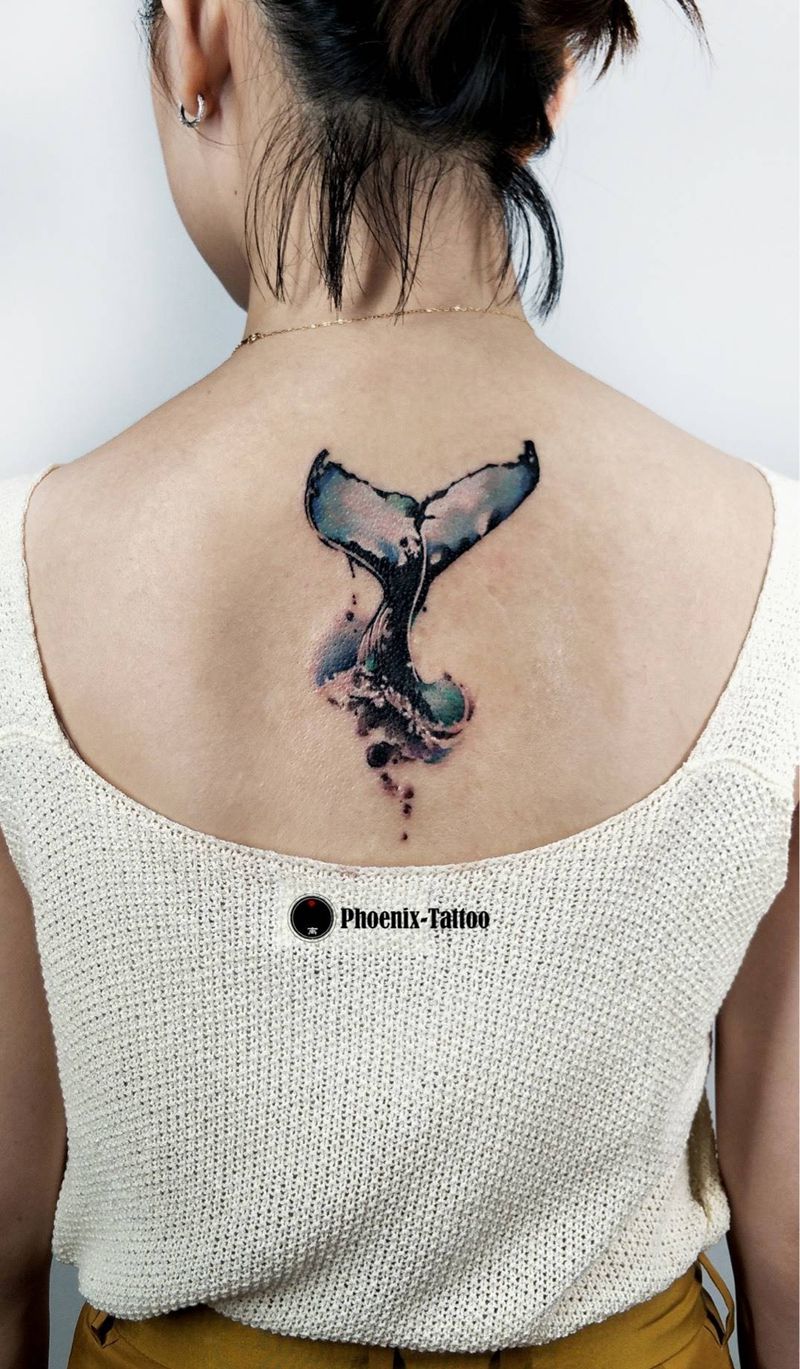 水墨鲸鱼尾巴纹身图片_成品手稿背部颈部清新国画传统动物原创水墨纹身图案