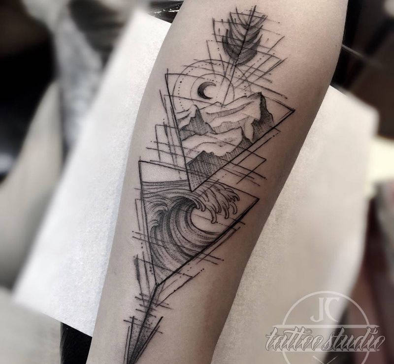 几何浪花纹身图片_成品手部手臂欧美清新几何浪花纹身图案