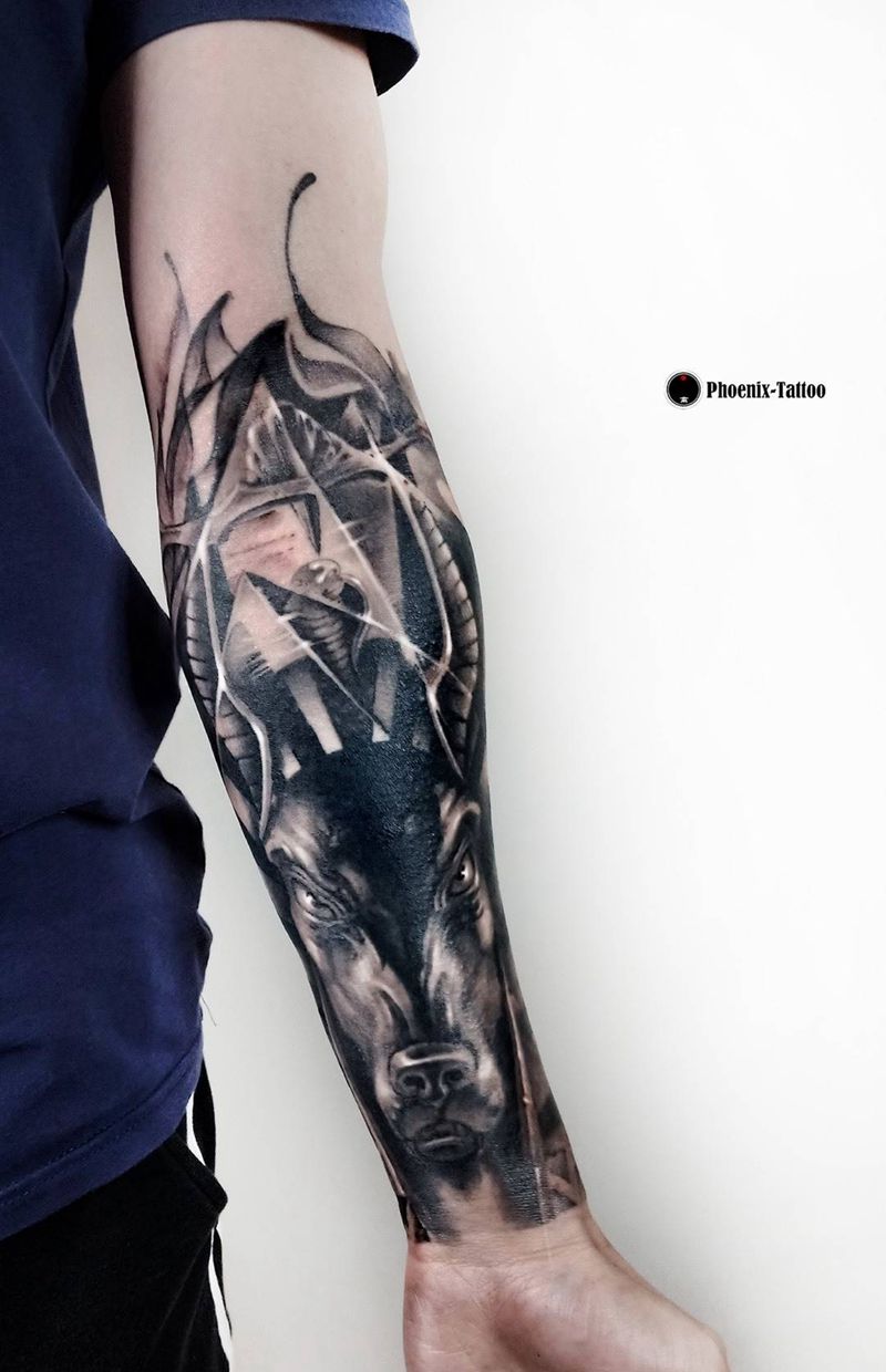 阿努比斯纹身图片_成品手臂欧美写实肖像动物静物原创鬼神素描纹身图案