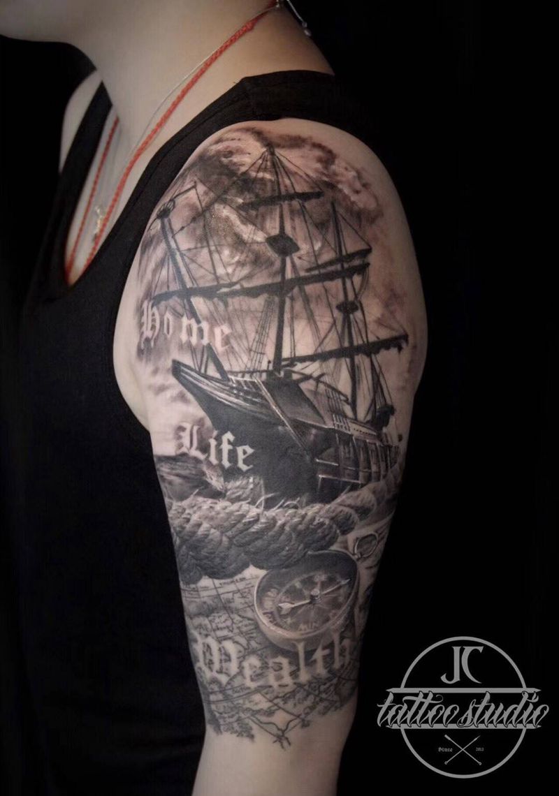 航海纹身图片_手臂手部欧美写实纹身图案