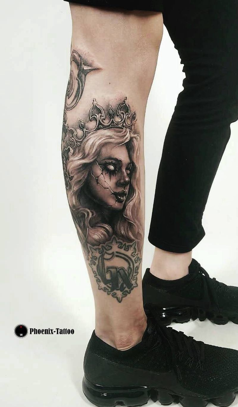 写实女皇权杖纹身图片_成品手稿插画腿部肖像写实原创人物素描欧美纹身图案