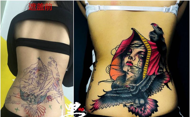 遮盖纹身纹身图片_背部手部New School纹身图案