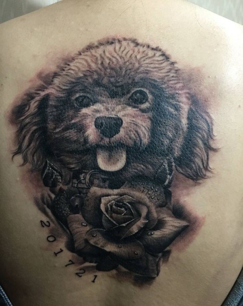 泰迪狗狗纹身图片_清新传统欧美写实腿部手部手臂臀部腰部动物纹身图案