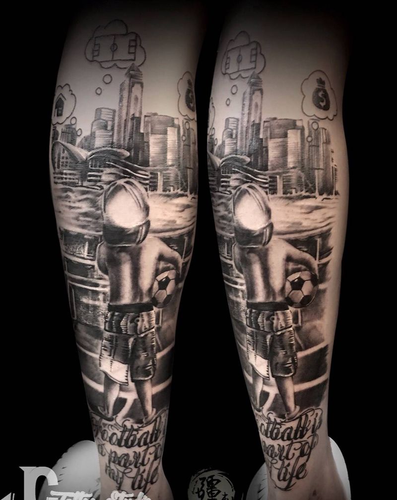 足球夢纹身图片_成品脚部腿部欧美写实人物原创纹身图案