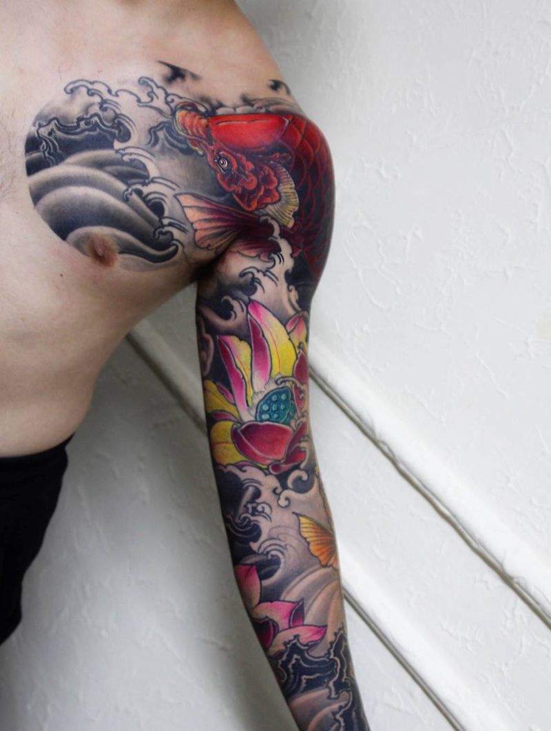 锦鲤遮盖图腾纹身图片_成品手稿手臂传统国画动物植物深圳玄鹤刺青纹身图案