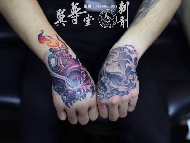 手背骷髅作品纹身图片_成品手部欧美写实鬼神原创动物彩色骷髅skull纹身图案