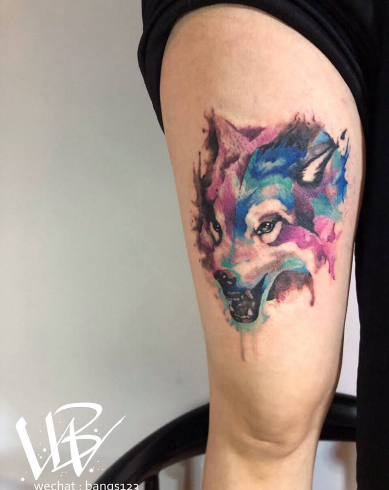 泼墨遮盖纹身图片_腿部水墨水彩狼纹身图案
