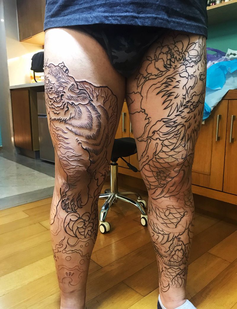 花腿纹身图片_腰部腿部老传统新传统纹身图案