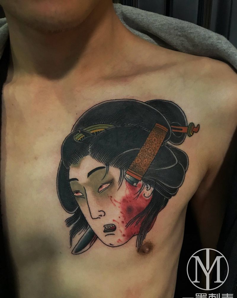 日式生首。纹身图片_胸部老传统纹身图案