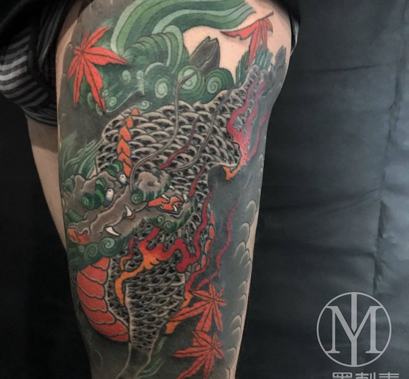 日式麒麟。纹身图片_腿部老传统纹身图案