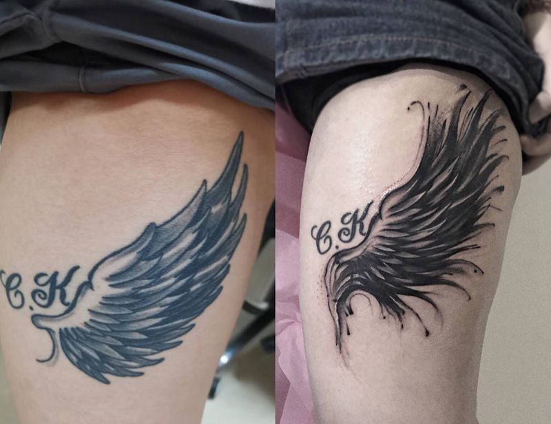 旧图遮盖修改翅膀水墨纹身图片_腿部水墨纹身图案