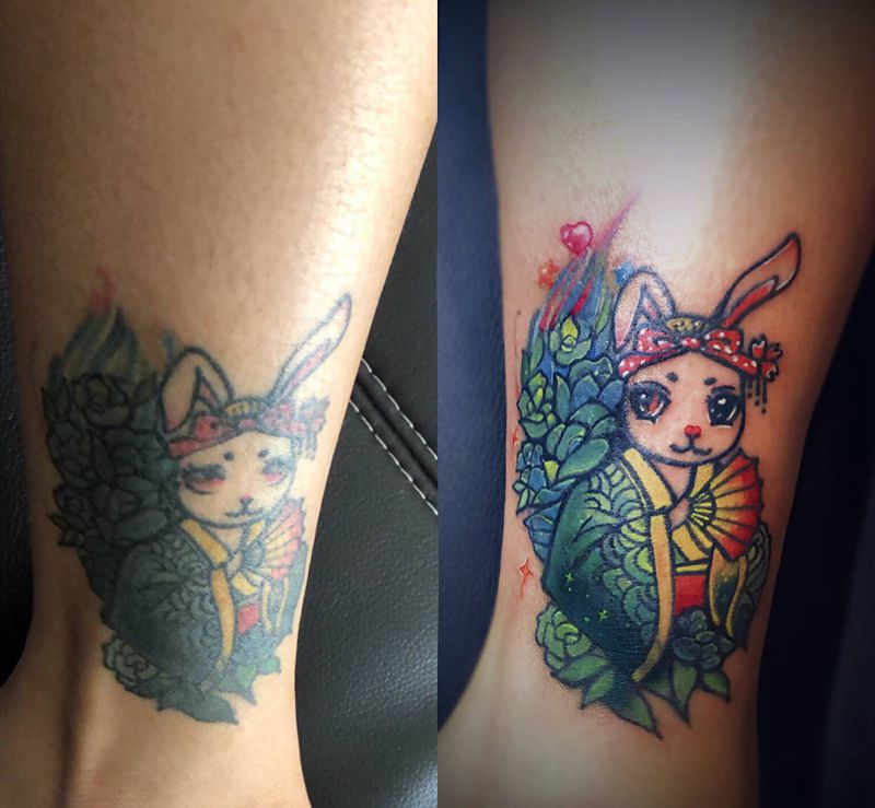 旧图翻新修改纹身图片_腿部New School纹身图案