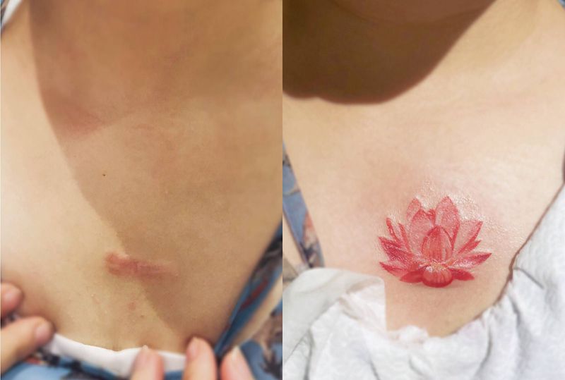 疤痕遮盖纹身图片_胸部水彩纹身图案