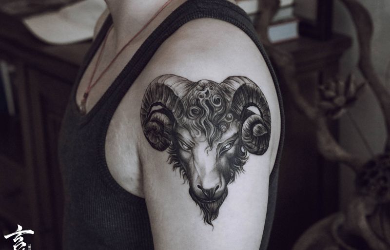 羊头纹身图片_手臂欧美写实羊头纹身图案