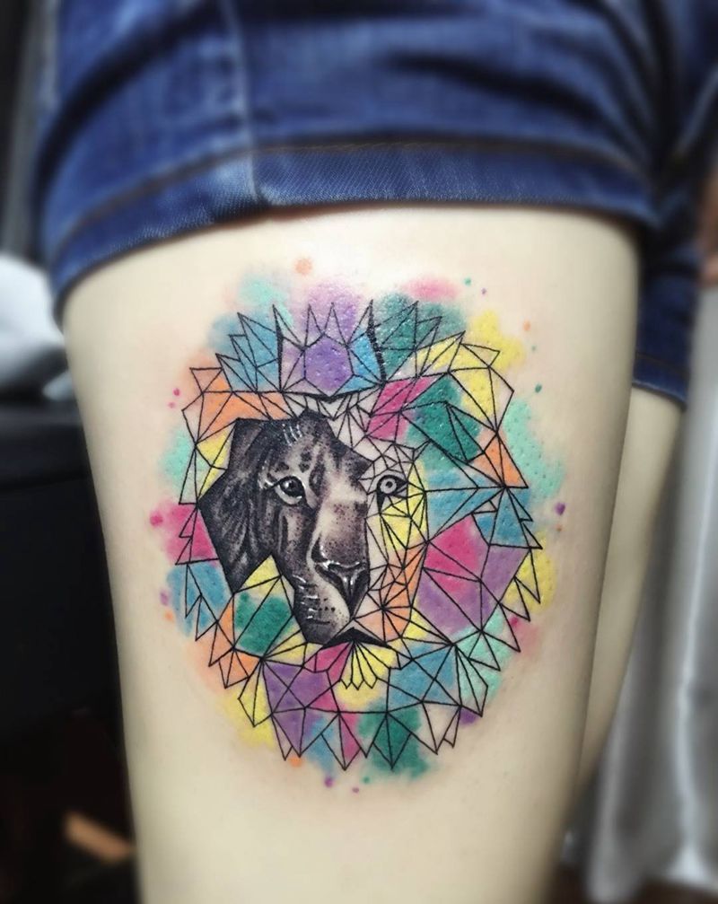 狮子纹身图片_成品腿部清新几何动物纹身图案