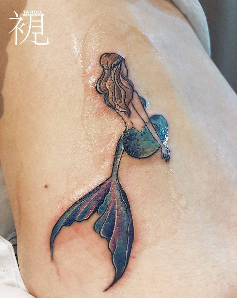 美人鱼纹身图片_成品腰部欧美写实清新人物原创纹身图案