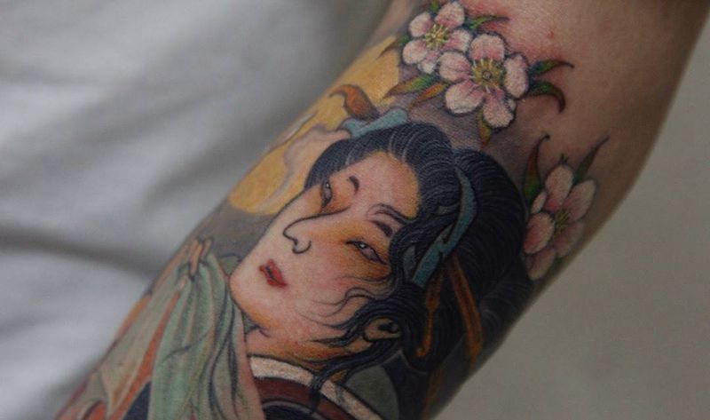 艺姬纹身图片_成品手臂肖像传统人物植物原创玄鹤刺青深圳纹身图案