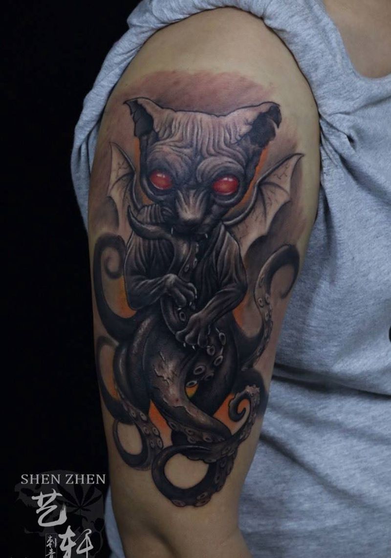 无毛猫纹身图片_成品手臂欧美动物纹身图案