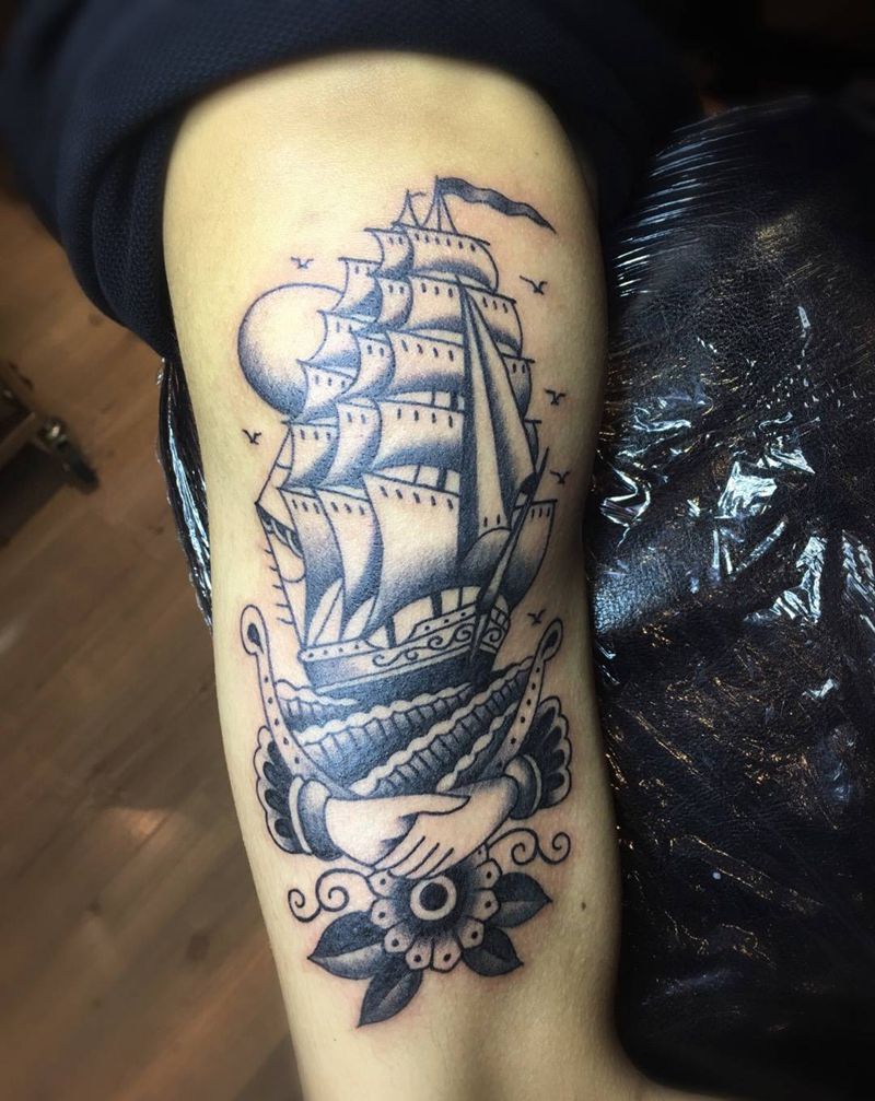 帆船纹身图片_成品手臂欧美几何静物图腾纹身图案
