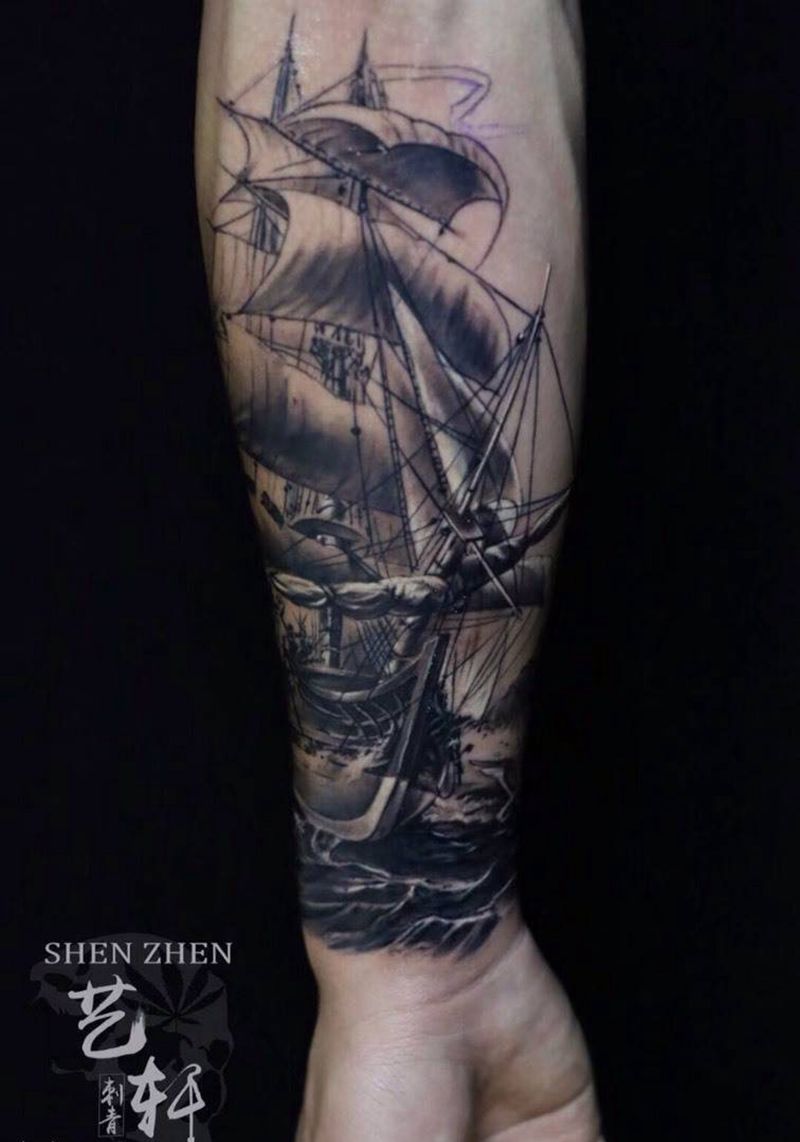 帆船未完成纹身图片_手臂欧美静物欧美写实纹身图案