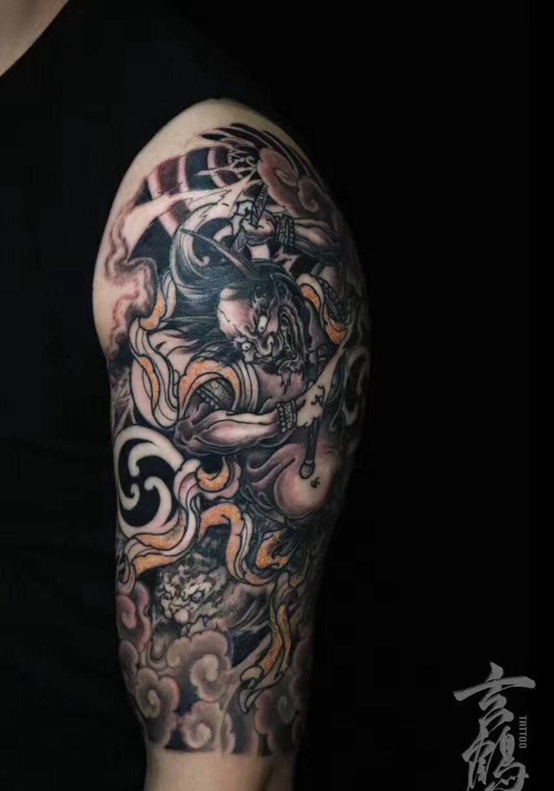 雷神包大臂（未完成）纹身图片_成品手臂传统原创鬼神人物宗教玄鹤刺青深圳纹身图案