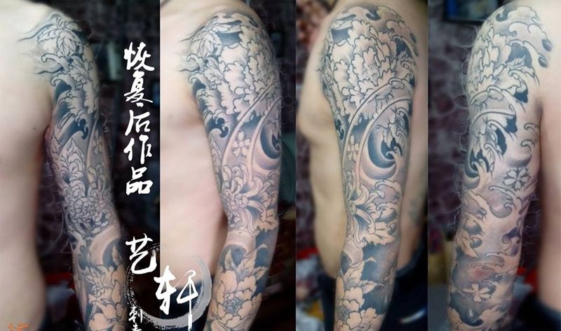 黑白花臂纹身图片_传统手臂原创纹身图案