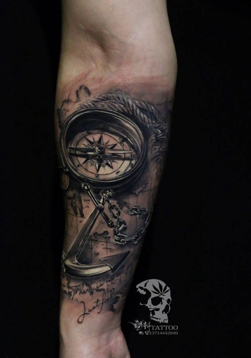 欧美指南针，地图纹身纹身图片_成品手臂欧美写实原创欧美写实纹身图案