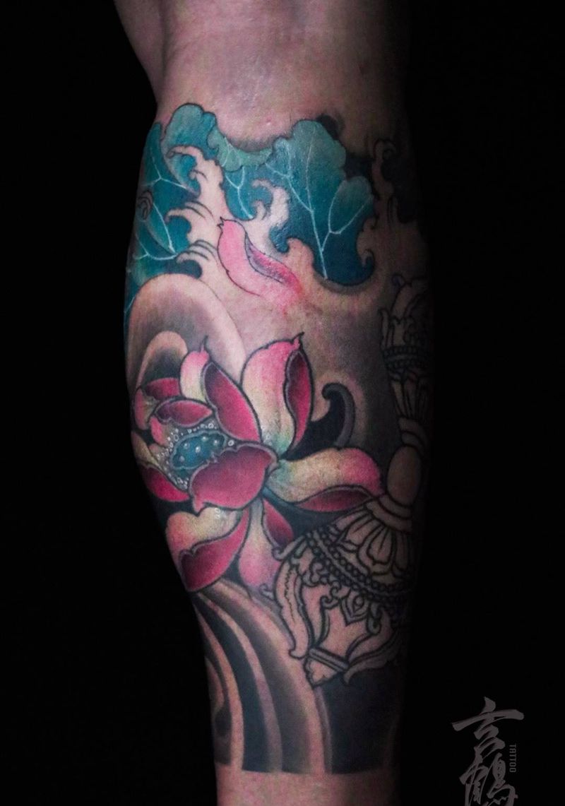 莲花、降魔杵纹身图片_手稿腿部传统宗教原创植物玄鹤刺青深圳纹身图案